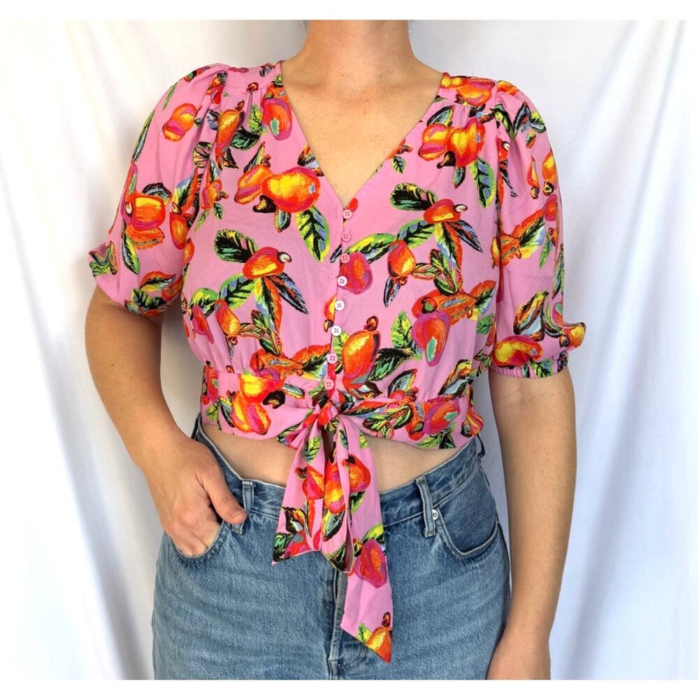 Joie Tropical Bright Pink Floral Orange Fruit Crop Tie Blouse Top, Large